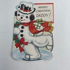 Vintage Mid Century Christmas Greeting Card Snowman Ice Skating With Wreath Hat
