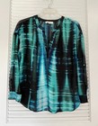 Two By Vince Camuto Blue Teal Semi-sheer Tye Dye Long Roll Tab Slv Blouse Size L