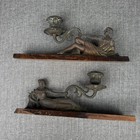 Pair Of Antique Reclining Harp Player Candlestick Holder Bronze Patina Decor