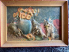 Vintage Pair Of D  Merlin Embossed 3d Cat kitten Framed Puff Pictures Signed