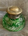 Antique Stevens   Williams Emerald Green Intaglio Crystal Sterling Ink Well 1898