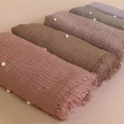 Women Plain Color Crinkle Cotton Scarf Shawl Muslim Hijab Head Wrap Pearl Beads