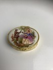 Gold Tone Metal-vintage Trinket pill Box Beautiful Patterned Lovers Ceramic Lid