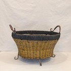 Vintage French Wicker Basket With Metal Feet   Handle Accents