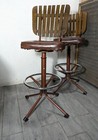 Pair Of Vintage Mid Century Modern Atomic Swivel Slat Wood Metal Bar Stools