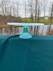 Fenton Blue Opalescent Hobnail Ruffled Cake Stand  12 In Diameter  Vintage