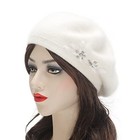  Womens French Beret Hat  Reversible Solid Color Cashmere Mosaic Flowers White