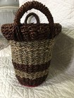 Vtg  Woven Seagrass Basket 2 Handles Brown Beige Burgundy Natural 11 x9  x 7  