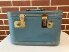 Vintage Blue Cosmetics Travel Train Case Luggage Suitcase With Mirror