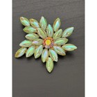 Vintage Brooch Green Opalescent Glass Stones Golds Tone