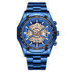 Business Mens Blue Date Watches Skeleton Stainless Steel Waterproof Quartz Watch