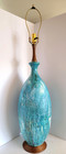 Vintage Xl Mid-century Modern Turquoise Drip Glaze Ceramic   Wood Table Lamp 36 