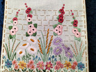 Rare  fairistytch  Walled Garden hollyhocks daisies Vint Hand Embroidered Runner