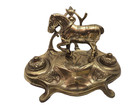 Vtg Brass Horse Double Inkwell Desk Set Art Nouveau Style Equestrian Inkstand