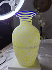 Yellow   White Speckled Glass Vase Applied Blue Glass Spiral Trim 10  Tall 2 Lbs