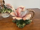 Vintage Capodimonte Pink Rose Candle Holder Figurine  And Rose Basket Italy