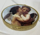 Vintage Kissing Cherubs Oval Enamel Gold Hinge Pill Box 2 