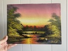 Vintage Sunset Water   Boat Colorful Painting Signed Canvas On A Wood Board