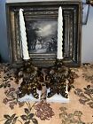 Antique Candle Holder Hollywood Regency Style Ornate Gold Cast Brass