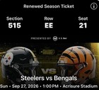 2 Pittsburgh Steelers Vs Cincinnati Bengals Tickets 9 27  1pm