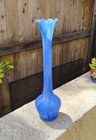 Vtg Satin Blue   White Swirl Art Glass Vase  12 