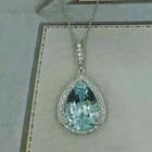 3ct Pear Cut Aquamarine Necklace Halo Pendant 14k White Gold Finish Free Chain