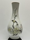 Chinese  Rose Bird Floral  Porcelain Vase 9 5    Tall Signed