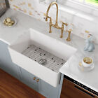 Fireclay Farmhouse Flat Apron Front Kitchen Sink With Bottom Grid In White