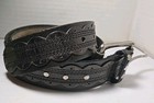Vtg Scalloped And Studded Dark Chocolate Brown Leather Belt With Silver Buckle M
