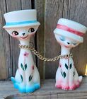 Vintage Kitty Cat Figurine Pair Kitschy Ceramic Big Eye Cats In Hats With Chain