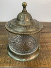 Ornate Vtg Diamond Cut Glass Brass Powder Jar Apothecary W  Lid Vanity 4  X 5 5 