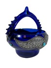 Hand Blown Glass Basket Cobalt Blue With Handle And Silver Metal Detail 8   