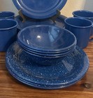 Set Of 16 Vintage Blue Speckled Enamelware Graniteware Camp Cups Bowls   Plates