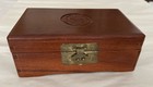 Chinese Wooden Jewelry Box     Brass Fittings   Lock  Green Fabric Inside  9  22cm