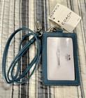 New Vintage Coach Teal Leather Canvas Logo Id Card Holder Lanyard W Clear Window