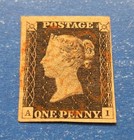 Great Britain Stamp  Scott 1 Used 4 Margin With A Light Red Maltese Cross Cancel