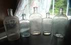Antique Lot Of Five Strap Sided Pint   Half Pint Whiskey Flasks