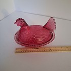 Indiana Glass  Vtg Hen On Nest Covered Dish Cranberry Single Tail Beaded Rim 7 