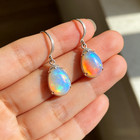 White Opal Dangle Earrings - Sterling Silver Plated Oval Fire Opal Drop Earrings