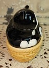 Vintage 1981 Vandor Japan Porcelain Black   White Cat In A Basket Trinket Box