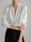 Women Long Sleeve Shirt Silk Stain V-neck French White Design Summer Blouse Tops