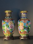 Pair Chinese Cloisonn   Vases Cranes   Lotus Gilded Enamel 8    W  Stands