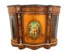 French Style Marquetry Credenza Bronze Mounted Green Marble Top Painted Panel
