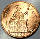Great Britain 1963 One Penny Coin Queen Elizabeth Ii Beautiful     Vintage    