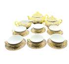 Vintage Mun Shou Yellow Longevity 17-piece Teapot Set Sugar Creamer Cups Saucers