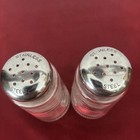 Vintage Mid Century Mcm Salt   Pepper Shakers Clear Ribbed Glass Stainless Caps