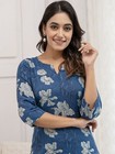 Indian Women Blue Floral Printed Cotton Kurta Kurti Top Tunic New Dress