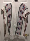 Vintage 70s Poncho Sweater Robin Birds Mexican Tie Front Cape Serape Boho Fringe
