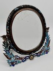 Antique Chinese Turquoise Export Cloisonne Enameled Travel Vanity Mirror Phoenix