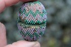 Antique 19th Century English Beaded Easter Egg Thimble Case W  Sterling Thimble